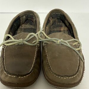 LL Bean Womens Brown Leather Flannel Lined Slip On Slippers Moccasins Size 7 EUC
